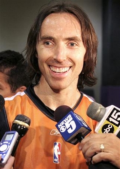 Phoenix Suns guard Steve Nash, of Canada, answers reporters' questions during practice in Phoenix, Arizona May 7, 2006. Nash was named the NBA's Most Valuable Player for the second year in a row on Sunday, edging out the Cleveland Cavaliers' LeBron James. Phoenix will play the Los Angeles Clippers in round two of the NBA Western Conference playoffs beginning May 8 in Phoenix.