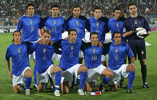 World Cup 2006 Preview - Italian team (From Top L to R) Fabio Grosso, Vincenzo Iaquinta, Christian Vieri, Daniele Bonera, Cristian Zaccardo, Morgan De Sanctis. (from Bottom L to R) Aimo Diana, Daniele De Rossi, Marco Materazzi, Alessandro Del Piero, Simone Barone, October 15, 2005. [Reuters]