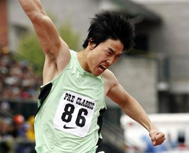 Olympic gold medalist Liu Xiang of China reacts after winning the Mens 110 meter hurdles Sunday, May 28, 2006, at the Prefontaine Track Classic, in Eugene, Ore. Liu won the event with a time of 13.21. (AP