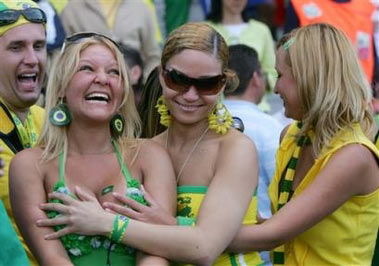 Brazilian fans joke as their wait for the beginning of the Brazil's training session at Offenbach, near of Frankfurt, Germany, Thursday, June 8, 2006. Brazil will play in Group F against Japan, Croatia, and Australia during the upcoming soccer World Cup.