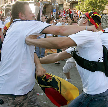 England and Germany soccer fans clash in Stuttgart city centre during the World Cup tournament June 24, 2006. [Reuters]