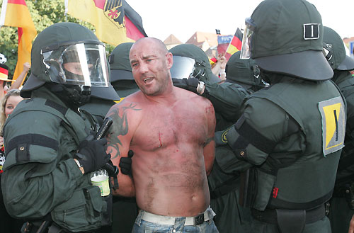 England and Germany soccer fans clash in Stuttgart city centre during the World Cup tournament June 24, 2006. [Reuters]
