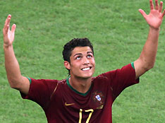 Portugal's Cristiano Ronaldo celebrates scoring his team's second goal against Iran during their Group D World Cup 2006 soccer match in Frankfurt June 17, 2006. 