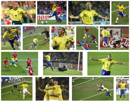 A combination image shows the 15 World Cup goals scored by Brazil's Ronaldo and a second celebration image from his 15th goal (bottom R). The images are chronological from top left to bottom right. Individual images will follow this combination image. Ronaldo broke a World Cup record by scoring his 15th finals goal in Brazil's 3-0 second-round defeat of Ghana on June 27, 2006. The goal eclipsed Gerd Mueller's mark of 14 set during West Germany's World Cup win of 1974.