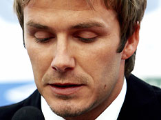 England's David Beckham makes a statement to the media at the World Cup soccer training camp near Baden-Baden, July 2, 2006. Beckham quit on Sunday as England captain after almost six years in the job in the wake of their World Cup quarter-final defeat by Portugal. 
