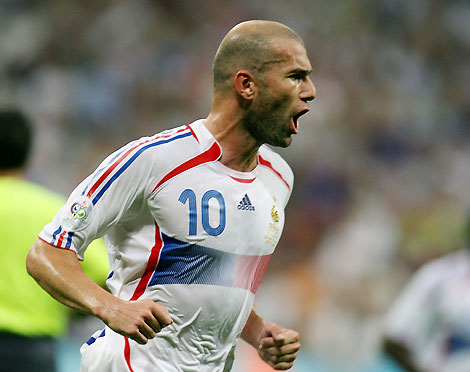 France's Zinedine Zidane celebrates his goal against Portugal during their World Cup 2006 semi-final soccer match in Munich July 5, 2006.