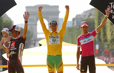 Phonak's team rider Floyd Landis of the U.S. (C) celebrates his overall victory on the podium after winning the 93rd Tour de France cycling race between Sceaux-Antony and the Champs-Elysees in Paris, July 23, 2006. Also on the podium are second placed Ille Balears' team rider Oscar Pereiro Sio of Spain (L) and third placed T-Mobile's team rider Andreas Kloden of Germany (R). 