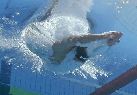 Pieter Van Den Hoogenband of the Netherlands breaks the surface of the water on his way to win the men's 200m freestyle event at the European Aquatic Championships in Budapest August 2, 2006.