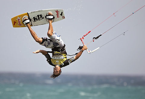 Youri Zoon of Netherlands goes airborne while competing in the freestyle event of the PKRA Kiteboarding Grand Prix in the Spain's Canary Island of Fuerteventura, August 3, 2006. 