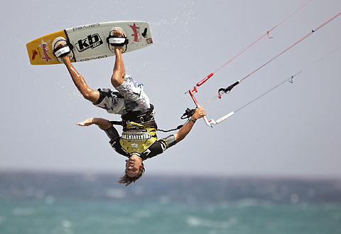 Youri Zoon of Netherlands goes airborne while competing in the freestyle event of the PKRA Kiteboarding Grand Prix in the Spain's Canary Island of Fuerteventura, August 3, 2006.
