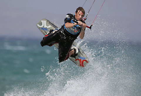 Youri Zoon of Netherlands goes airborne while competing in the freestyle event of the PKRA Kiteboarding Grand Prix in the Spain's Canary Island of Fuerteventura, August 3, 2006. 