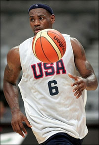 NBA star LeBron James of the Cleveland Cavaliers takes the ball up court during a USA training session in Guangzhou, in southern China's Guangdong province.