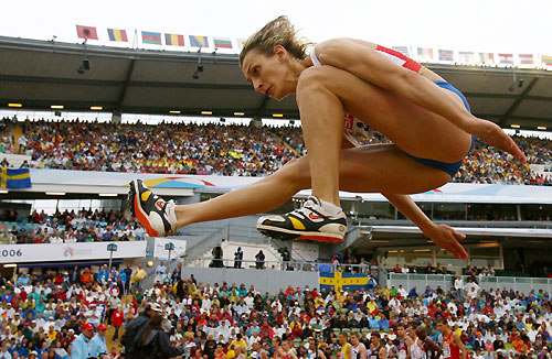 Russia's Lyudmila Kolchanova competes in the women's long jump final at the European athletics champtionships in Gothenburg (Goteborg) August 13, 2006. 