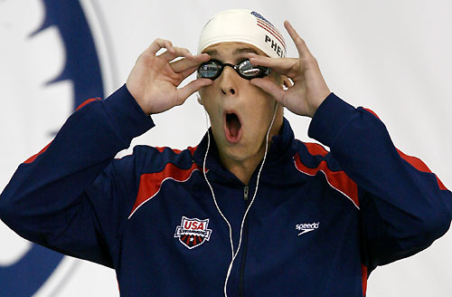Michael Phelps of the U.S. prepares to swim his 200m butterfly heat during the Pan Pacific 2006 swimming championships in Victoria, British Columbia, August 17, 2006. 