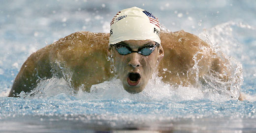 Michael Phelps of the U.S. swims his 200m butterfly heat during the Pan Pacific 2006 swimming championships in Victoria, British Columbia, August 17, 2006. 