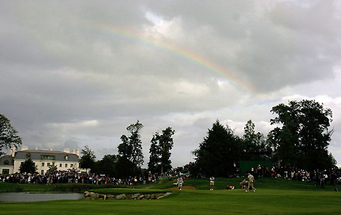 A rainbow is seen over the 12th green during the fourball golf match at the Ryder Cup tournament at The K Club in County Kildare, Ireland September 22, 2006. 