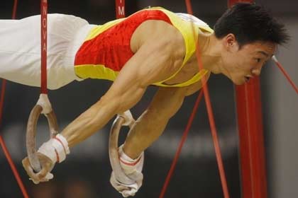 China's Yang Wei competes on the rings during the men's individual all-around final at the 39th Artistic Gymnastics World Championships in Aarhus, Denmark, October 19, 2006. China's Yang Wei won the gold medal on Thursday followed by Japan's silver medallist Hiroyuki Tomita and Germany's bronze medal winner Fabian Hambuechen.