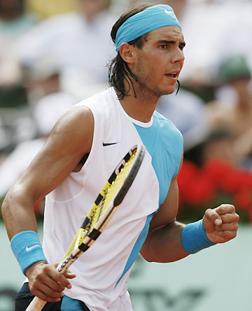 Spain's Rafael Nadal reacts during the men's final match against Switzerland's Roger Federer at the French Open tennis tournament at Roland Garros in Paris June 10, 2007. 