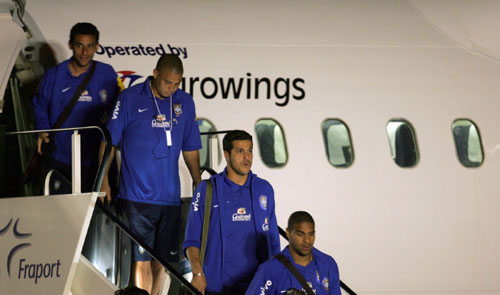 Members of Brazil's national soccer team arrive at the Frankfurt airport 