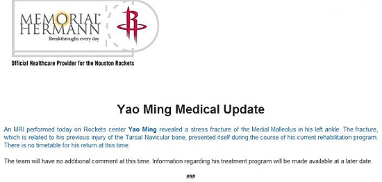 Yao Ming suffers another setback with stress fracture