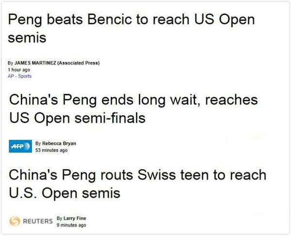 Peng advances to US Open semifinals