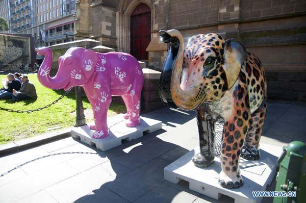 Colorful sculptures of Mali elephant in Melbourne Zoo