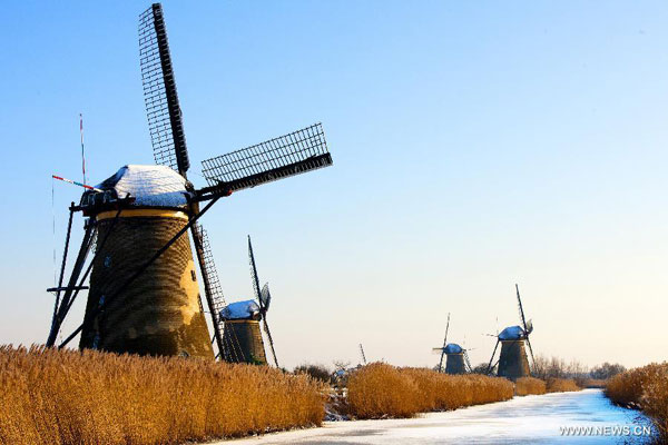 Snow sceneries in windmills town in Netherlands