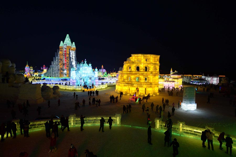 Night view of Ice and Snow World in China's Harbin