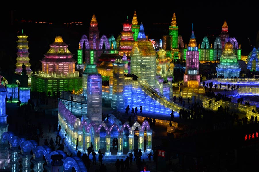 Night view of Ice and Snow World in China's Harbin