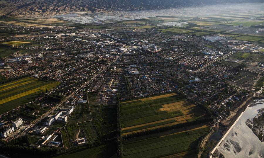 Aerial view of bagua-shaped Tekes county, China's Xinjiang