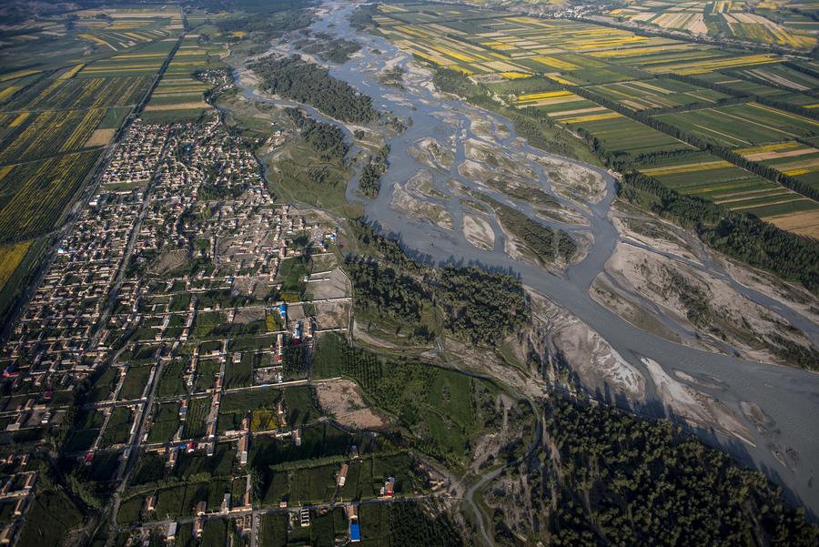 Aerial view of bagua-shaped Tekes county, China's Xinjiang