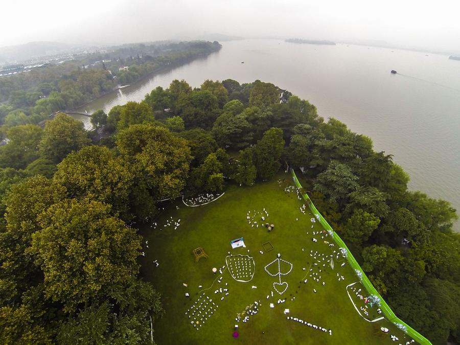 Panda figures displayed near West Lake in Hangzhou