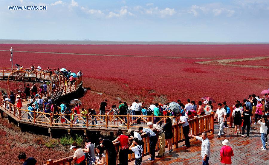 Tourists visit Red Beach in NE China