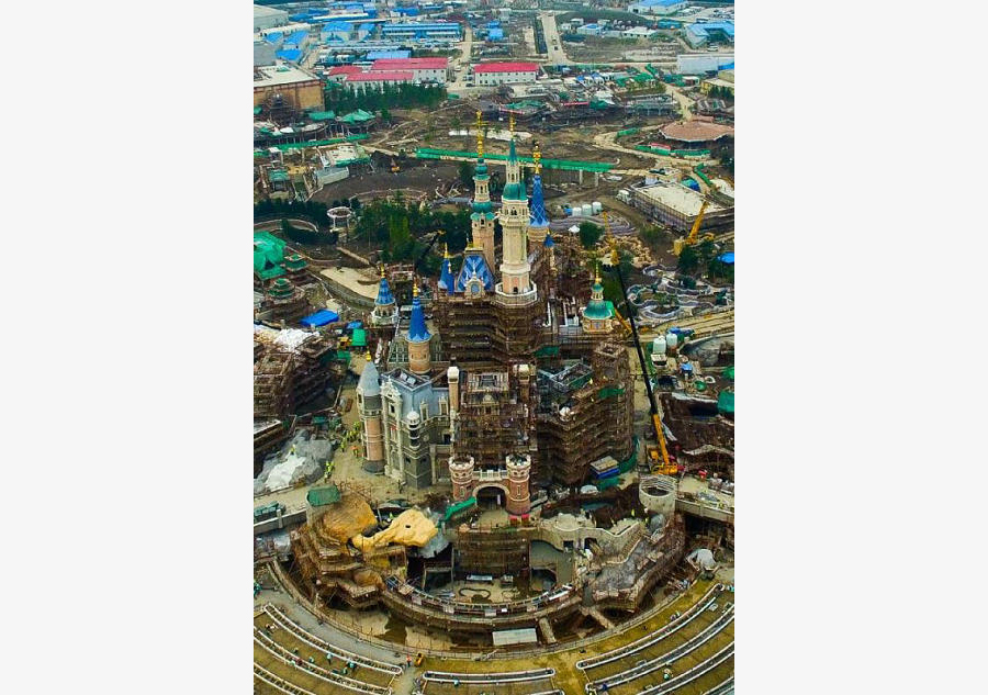 Aerial view of under-construction Shanghai Disneyland Resort