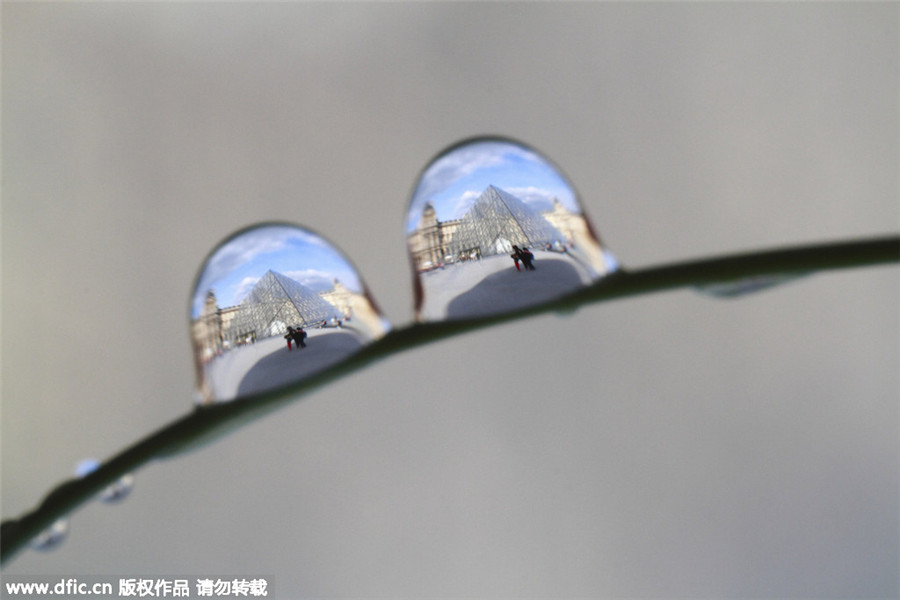 Paris landmarks in water droplets