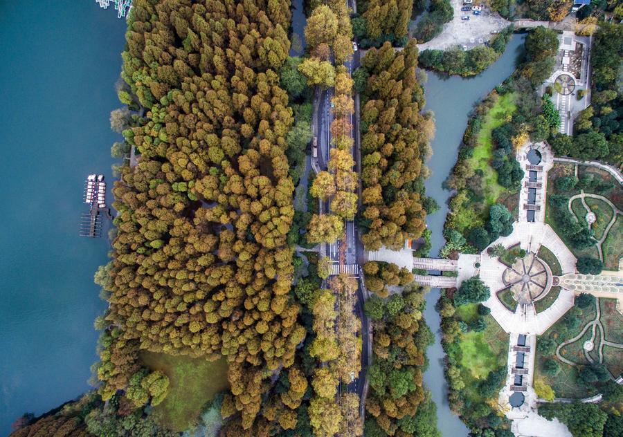 West Lake scenic area embraces a colorful winter scene