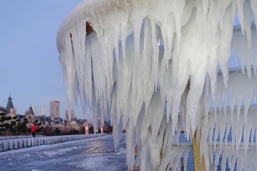 Icicles seen after snowfall on seashore in Dalian
