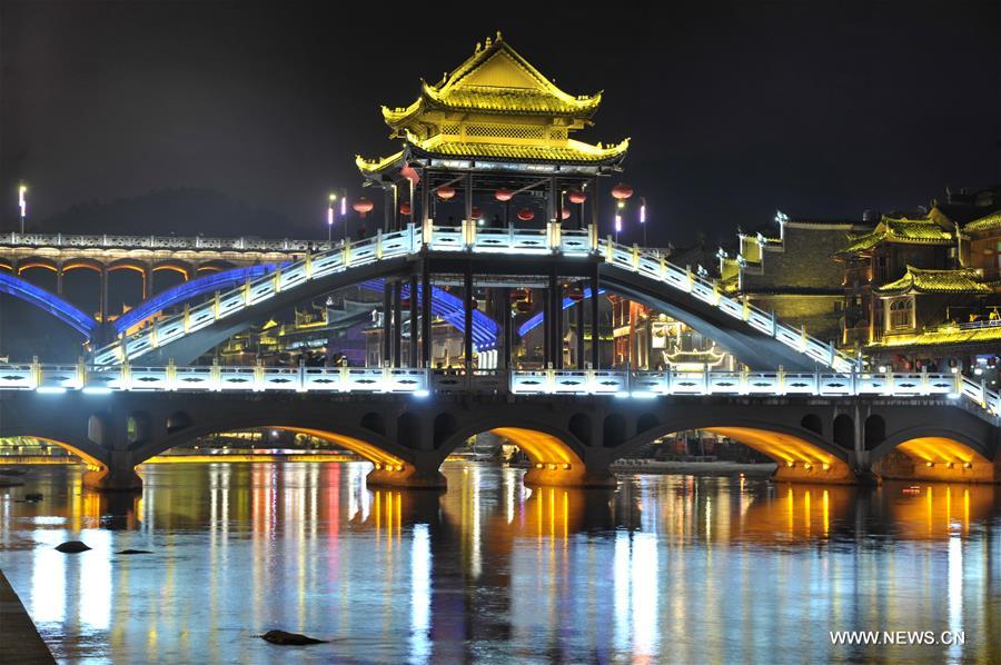 Night view of Fenghuang ancient town in China's Hunan