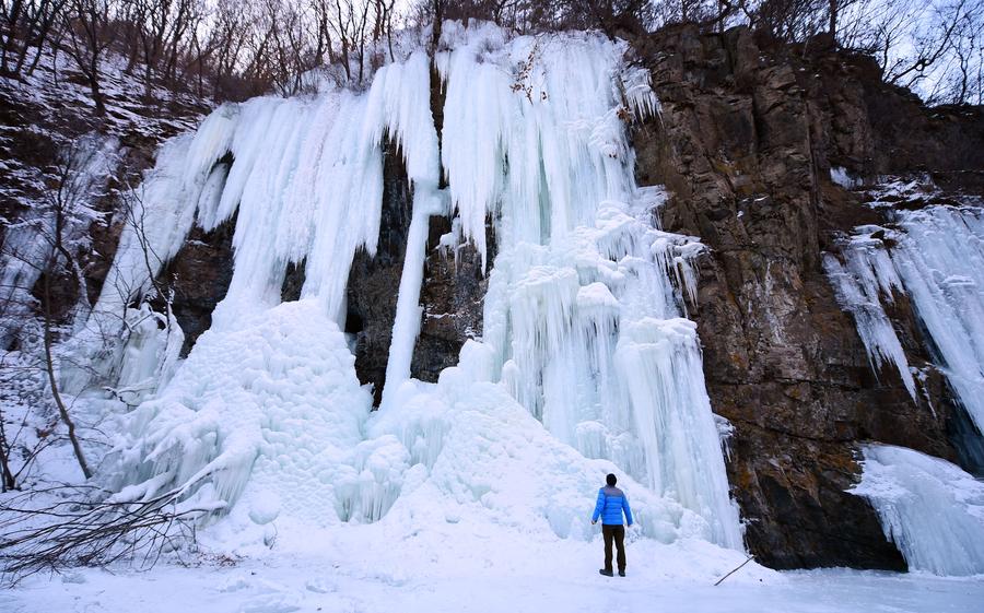 Scenery of icy waterfalls at Guanmen Mountain scenic spot in NE China