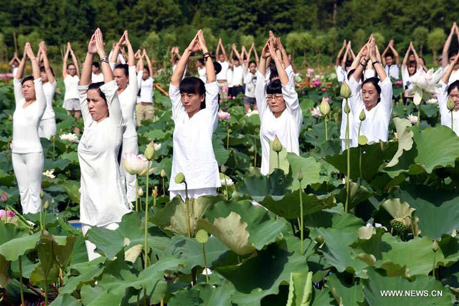 Fans practice yoga at lotus culture park in SE China's Fujian