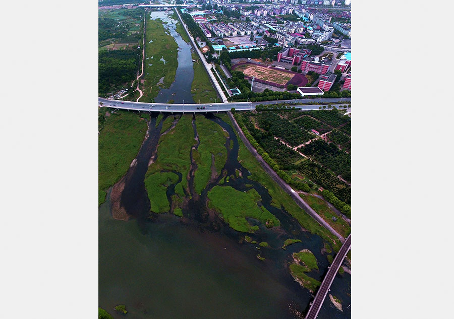 Aerial view of Sanjiangkou wetland park, Zhejiang province