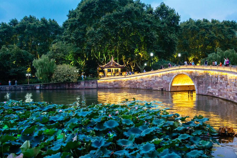 People enjoy night scenery in E China's Hangzhou