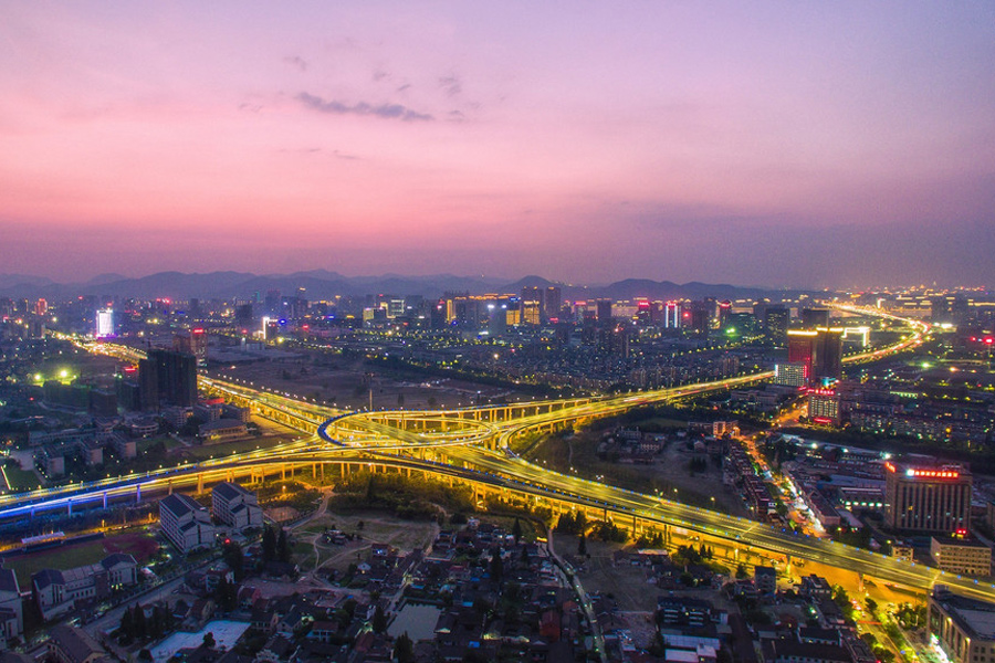 Overpass bridges in Hangzhou light up at night