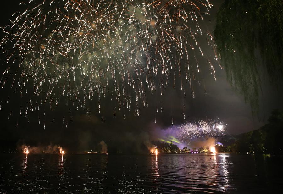 Fireworks light up sky over West Lake in Hangzhou