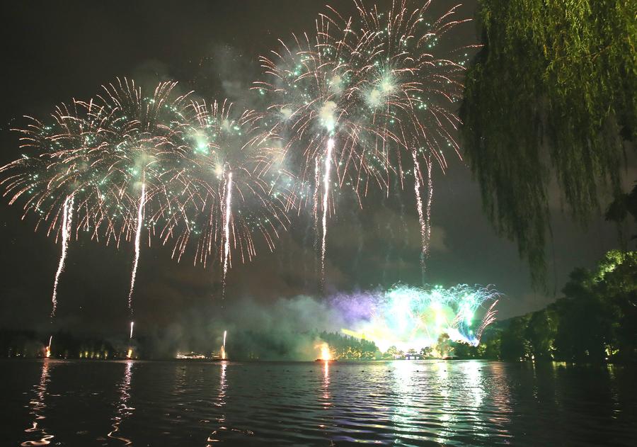 Fireworks light up sky over West Lake in Hangzhou