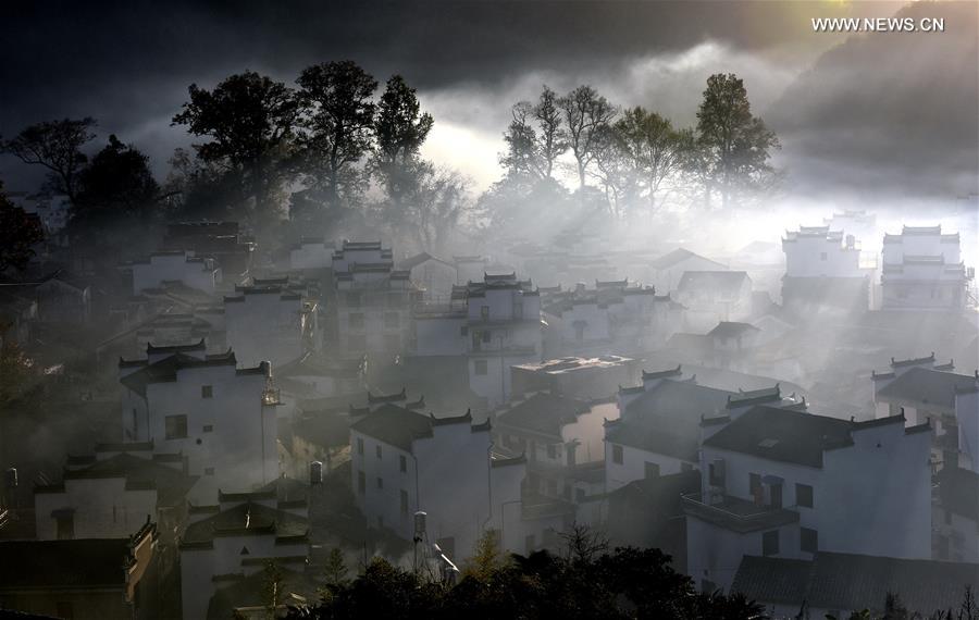 Early morning fog scenery of Shicheng village in East China's Wuyuan