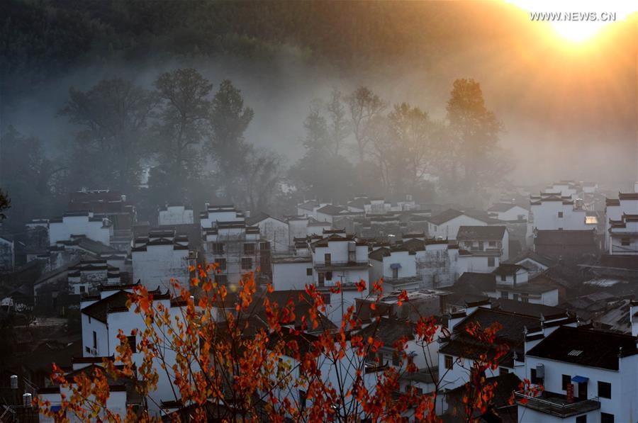 Early morning fog scenery of Shicheng village in East China's Wuyuan