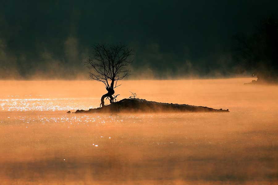 Dawn's early light sets Qishu Lake 'afire'