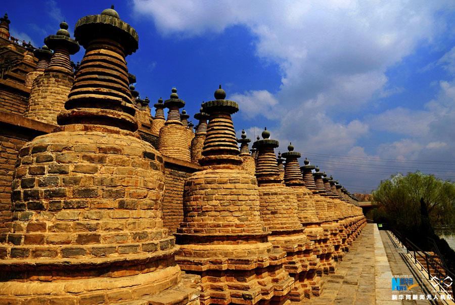Aerial view of 108 ancient pagodas in Qingtongxia, NW China
