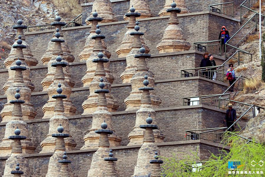 Aerial view of 108 ancient pagodas in Qingtongxia, NW China